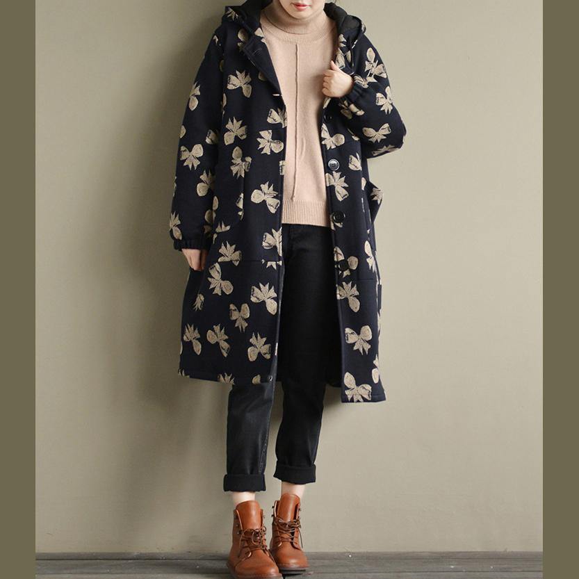Casual navy  down jacket Loose fitting Parka thick high neck cardigan prints - Omychic