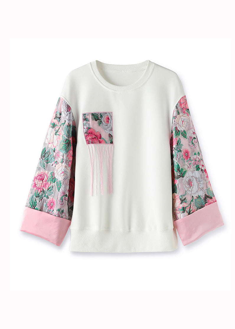 Casualn White O-Neck Embroideried Cotton Sweatshirt Fall