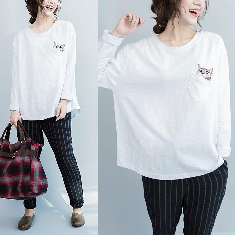 Cat in pocket white cotton T shirt long sleeve blouses tops plus size - Omychic