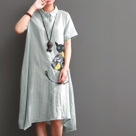 Cat print summer linen dresses long plus size maxi sundress cotton - Omychic