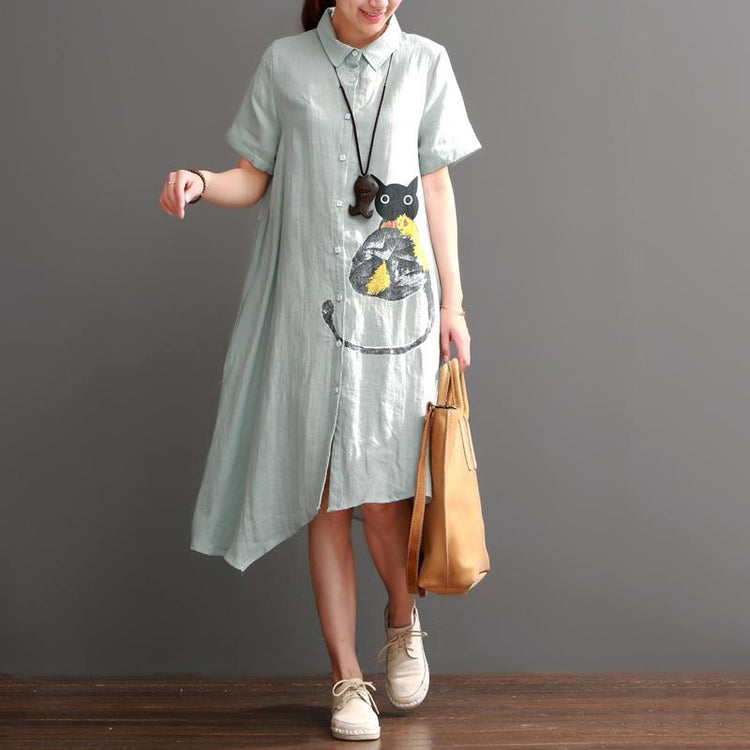 Cat print summer linen dresses long plus size maxi sundress cotton - Omychic