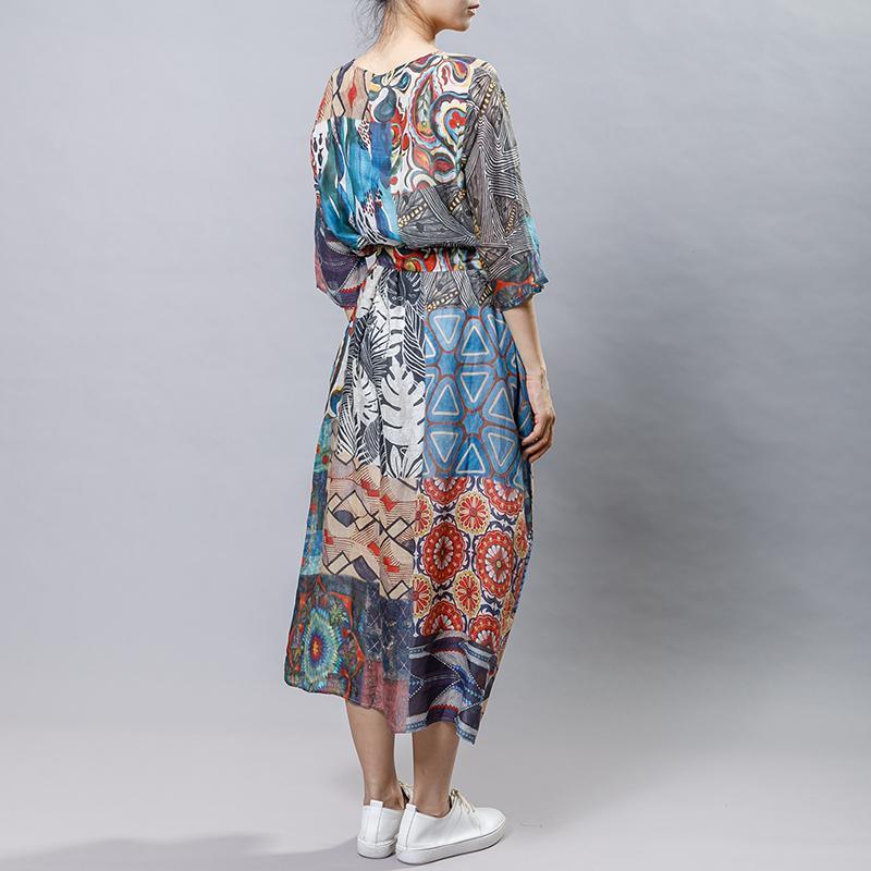 Causal Printed Comfortable Dress With Belt - Omychic