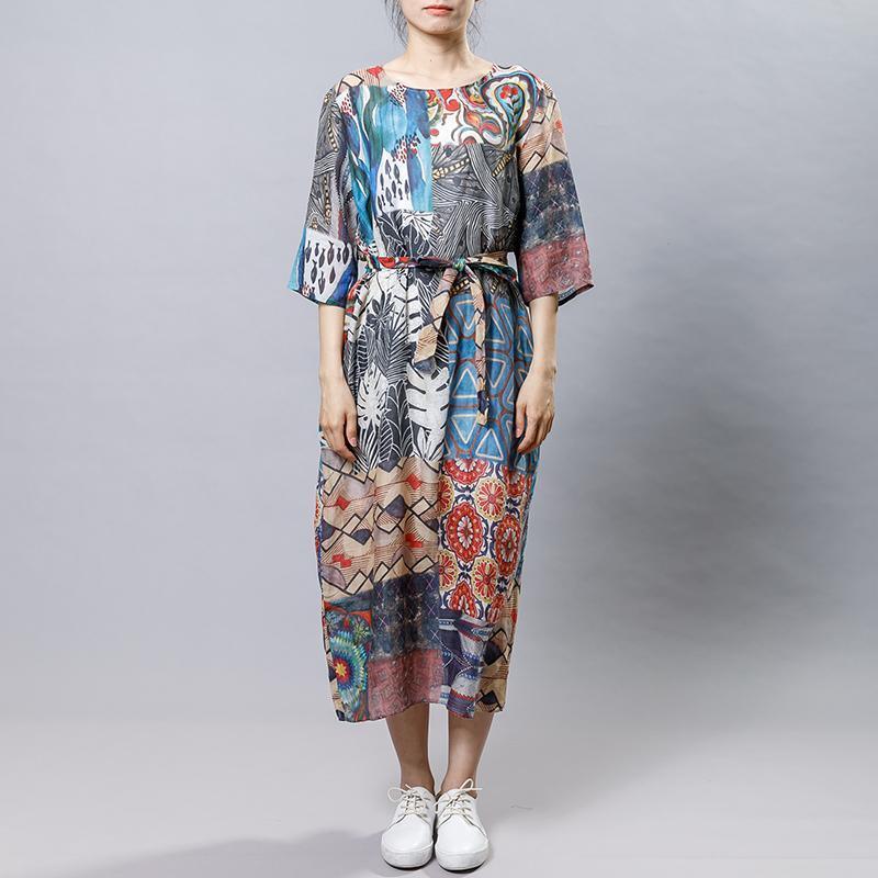 Causal Printed Comfortable Dress With Belt - Omychic
