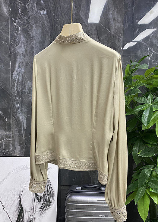 Champagne Silk Shirt Top Hollow Out Stand Collar Long sleeve