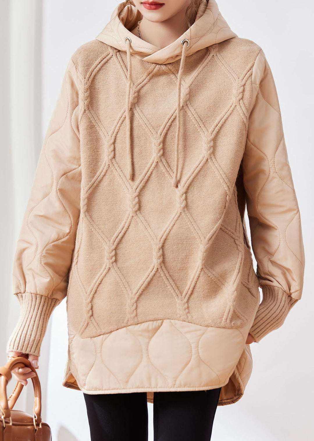 Chic Apricot Drawstring Patchwork Low High Design Fake Two Pieces Hooded Knit Sweater Winter