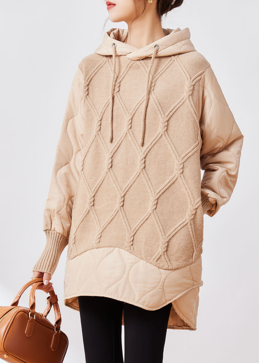 Chic Apricot Drawstring Patchwork Low High Design Fake Two Pieces Hooded Knit Sweater Winter