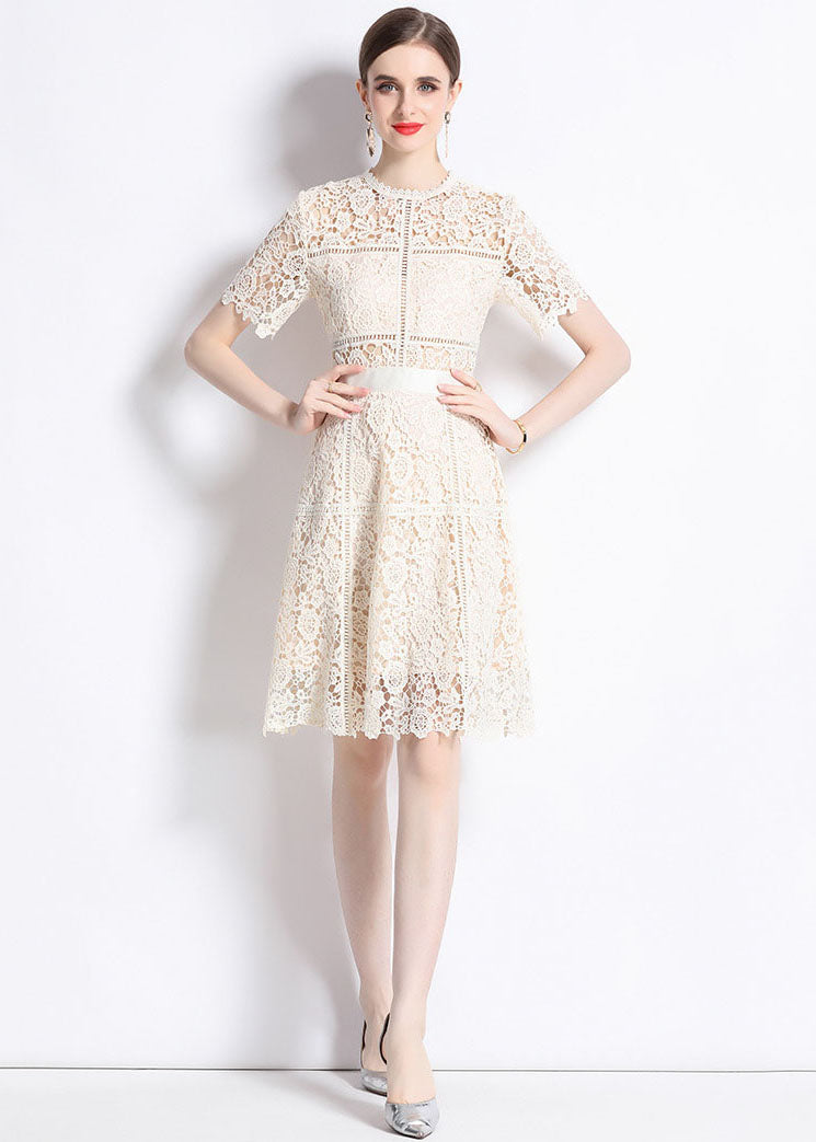 Chic Apricot Embroideried Hollow Out Patchwork Lace Mid Dress Summer