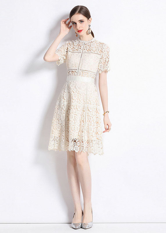 Chic Apricot Embroideried Hollow Out Patchwork Lace Mid Dress Summer