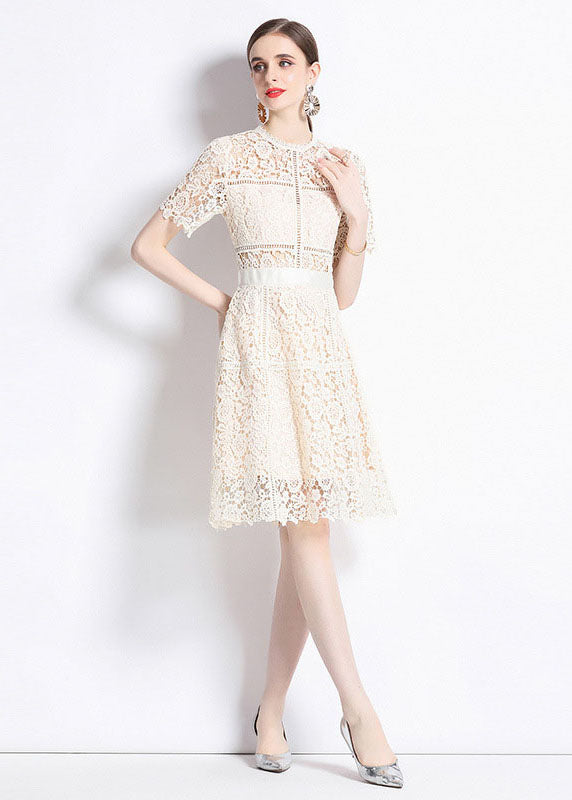 Chic Apricot Embroideried Hollow Out Patchwork Lace Mid Dress Summer