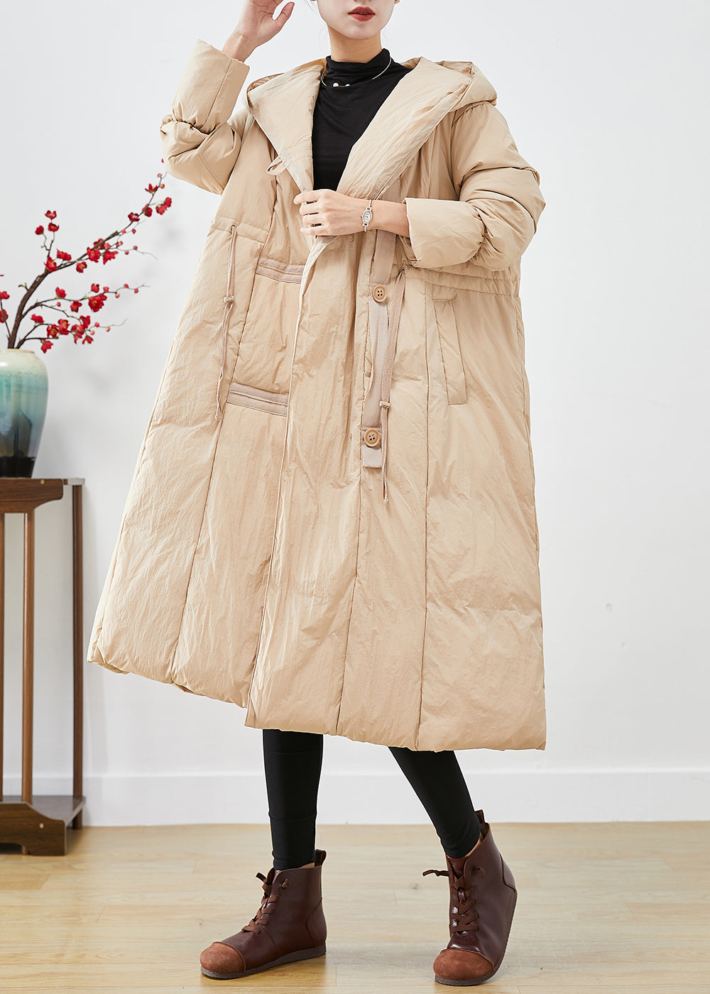 Chic Apricot Hooded Patchwork Duck Down Canada Goose Jacket Winter