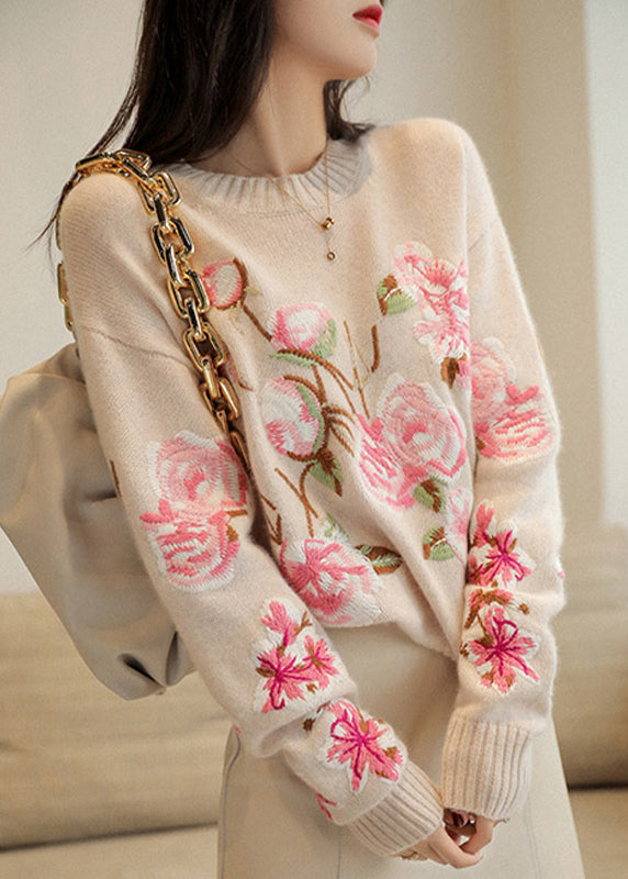 Chic Apricot O-Neck Embroideried Patchwork Woolen Top Fall