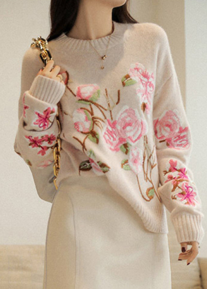 Chic Apricot O-Neck Embroideried Patchwork Woolen Top Fall