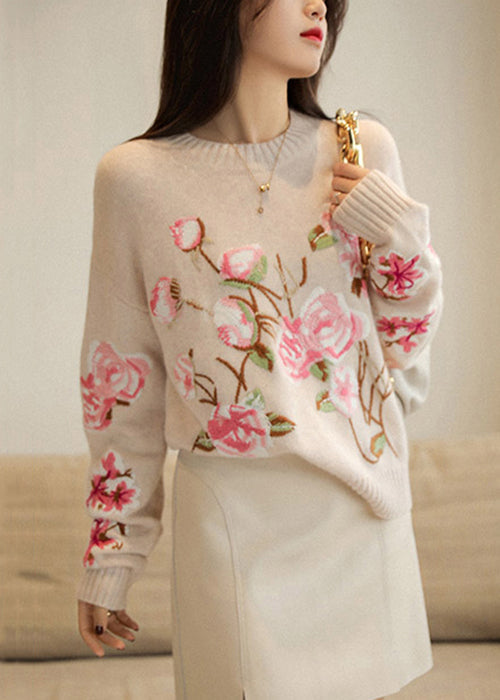 Chic Apricot O-Neck Embroideried Patchwork Woolen Top Fall
