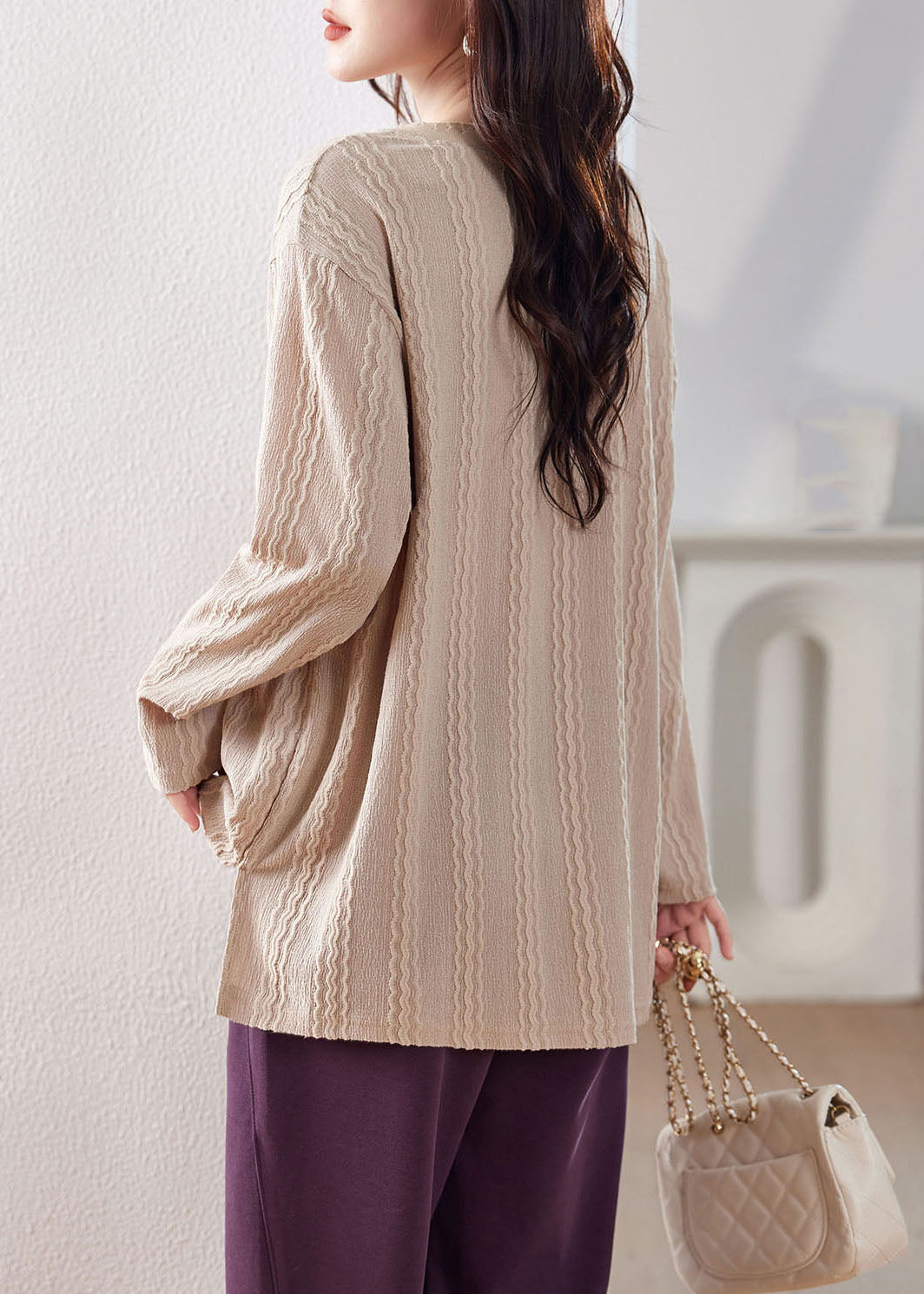 Chic Apricot Print Patchwork Low High Design Tops Long Sleeve