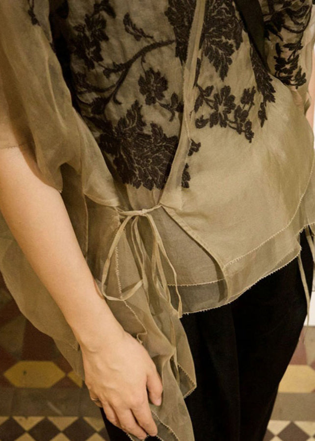 Chic Apricot V Neck Embroideried Lace Up Patchwork Organza Tops Summer