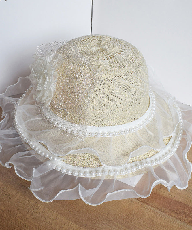 Chic Beige Lace Patchwork Pearl Floral Tulle Floppy Sun Hat