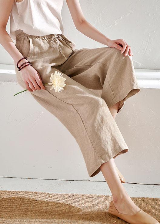 Chic Beige Pockets Casual Wide Leg Summer Pants Linen - Omychic