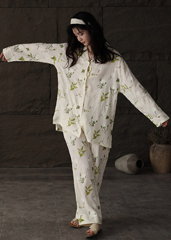 Chic Beige Print Button Low High Design Cotton Pajamas Two Piece Set Long Sleeve
