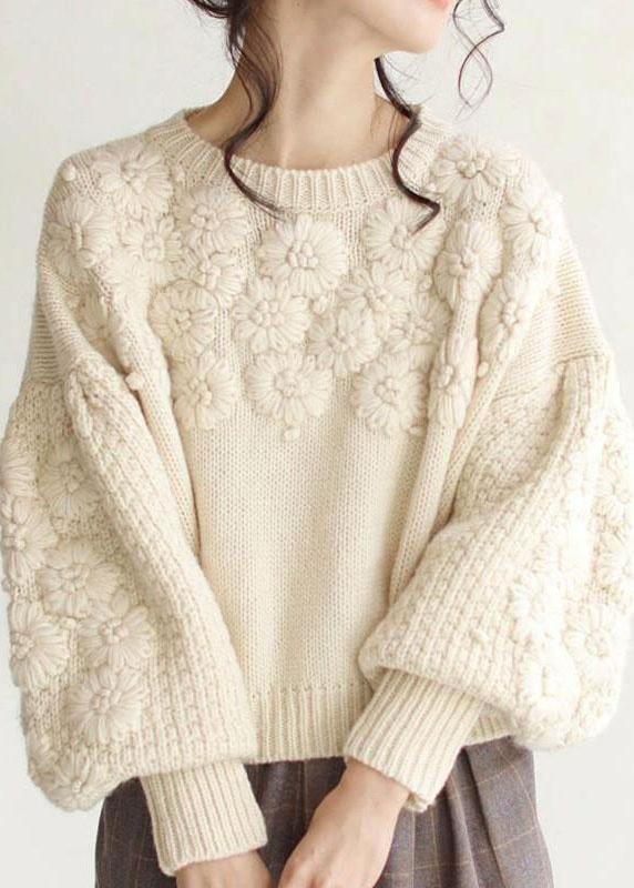 Chic Beige Thick Warm Embroideried Fall Knit sweaters - Omychic