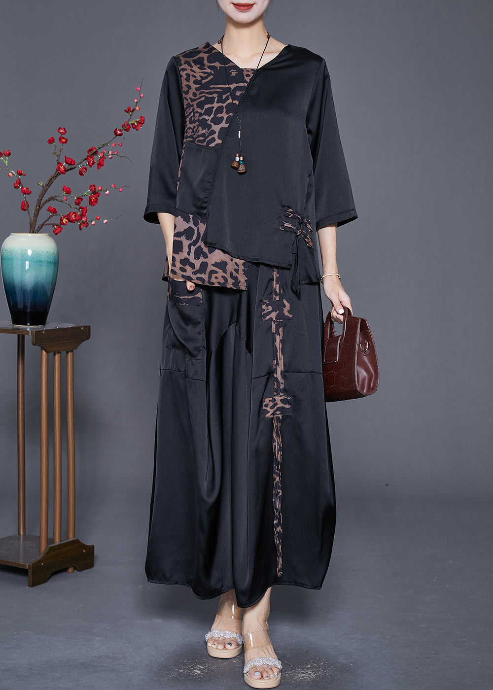 Chic Black Asymmetrical Patchwork Leopard Silk Two Pieces Set Summer