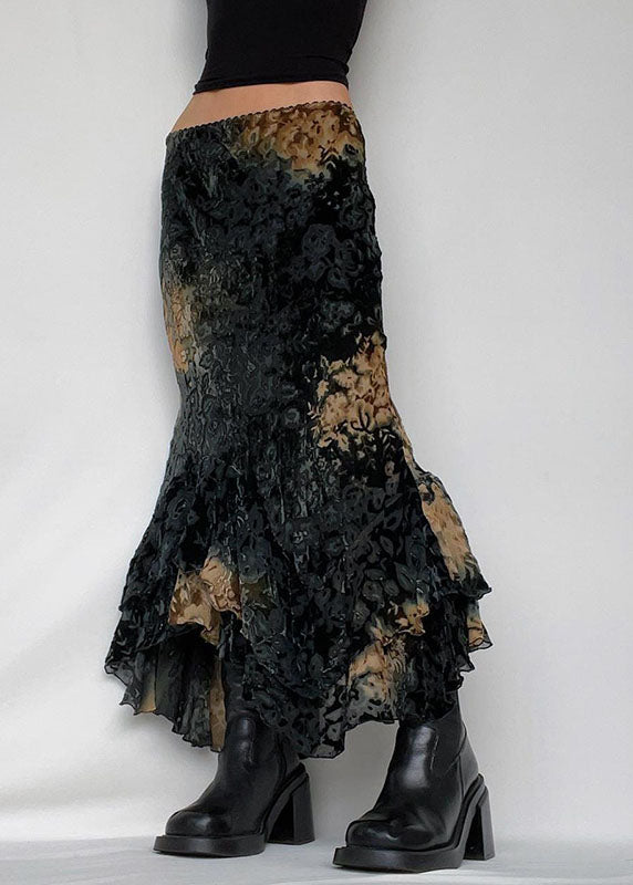Chic Black Asymmetrical Print Ruffled Patchwork Silk Velour Skirt