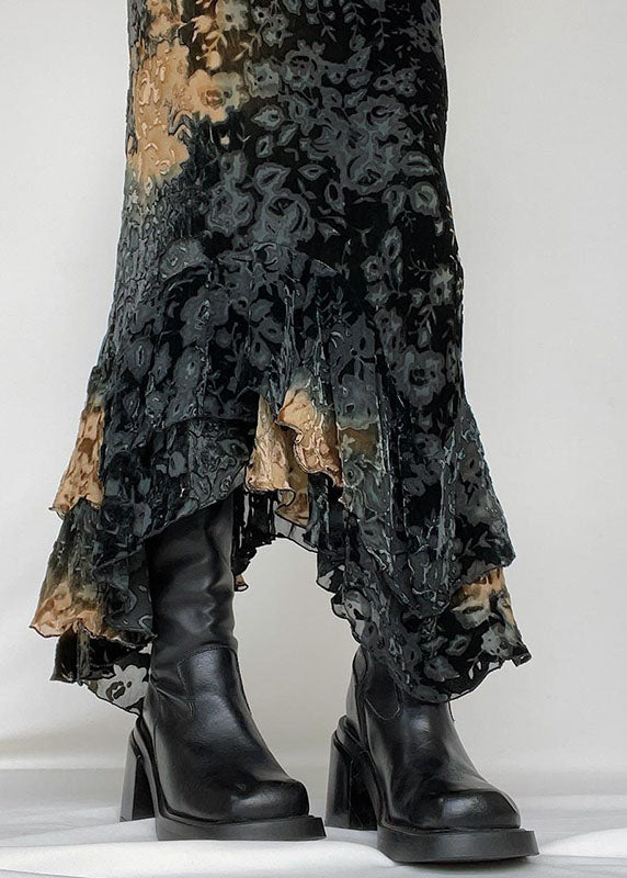 Chic Black Asymmetrical Print Ruffled Patchwork Silk Velour Skirt