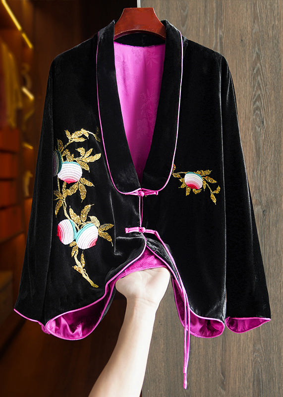 Chic Black Chinese Button Embroideried Silk Velour Coats Long Sleeve