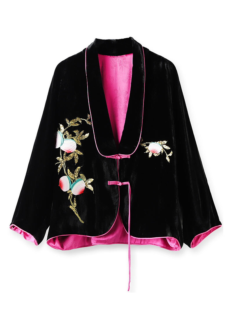 Chic Black Chinese Button Embroideried Silk Velour Coats Long Sleeve