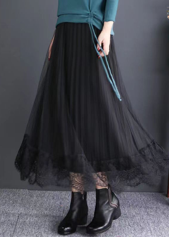 Chic Black Elastic Waist Lace Patchwork Tulle Skirts Fall