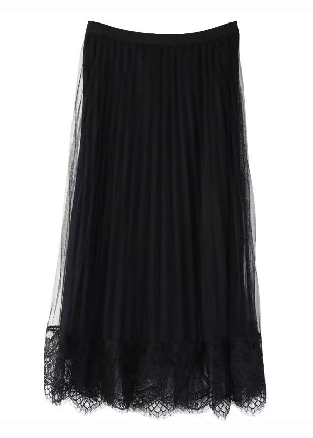 Chic Black Elastic Waist Lace Patchwork Tulle Skirts Fall