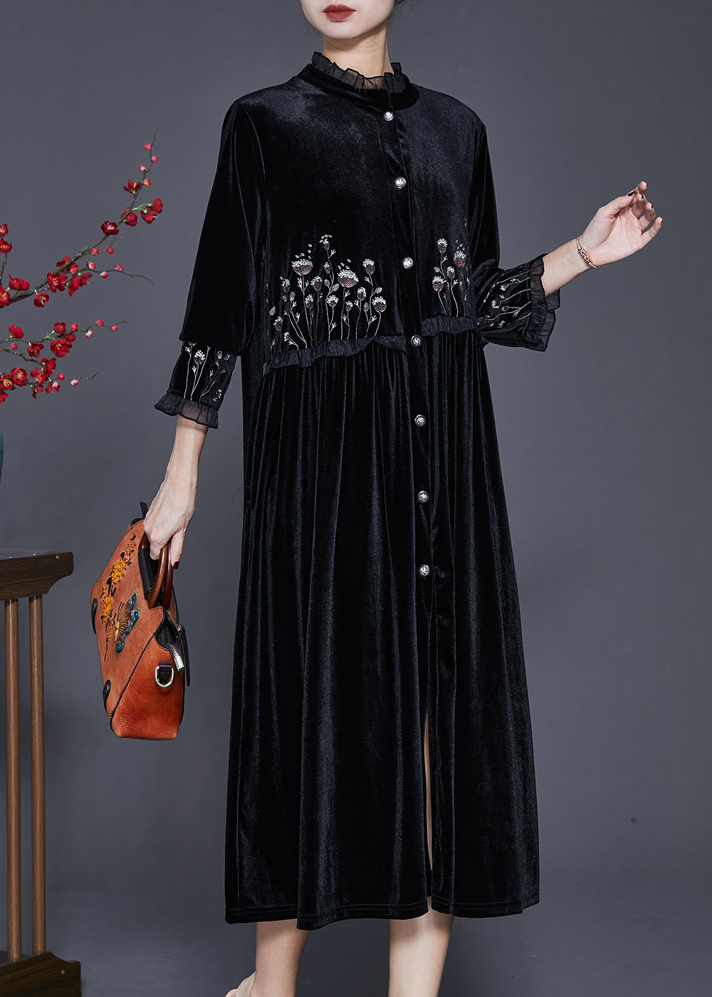 Chic Black Embroidered Patchwork Ruffled Silk Velvet Dress Bracelet Sleeve