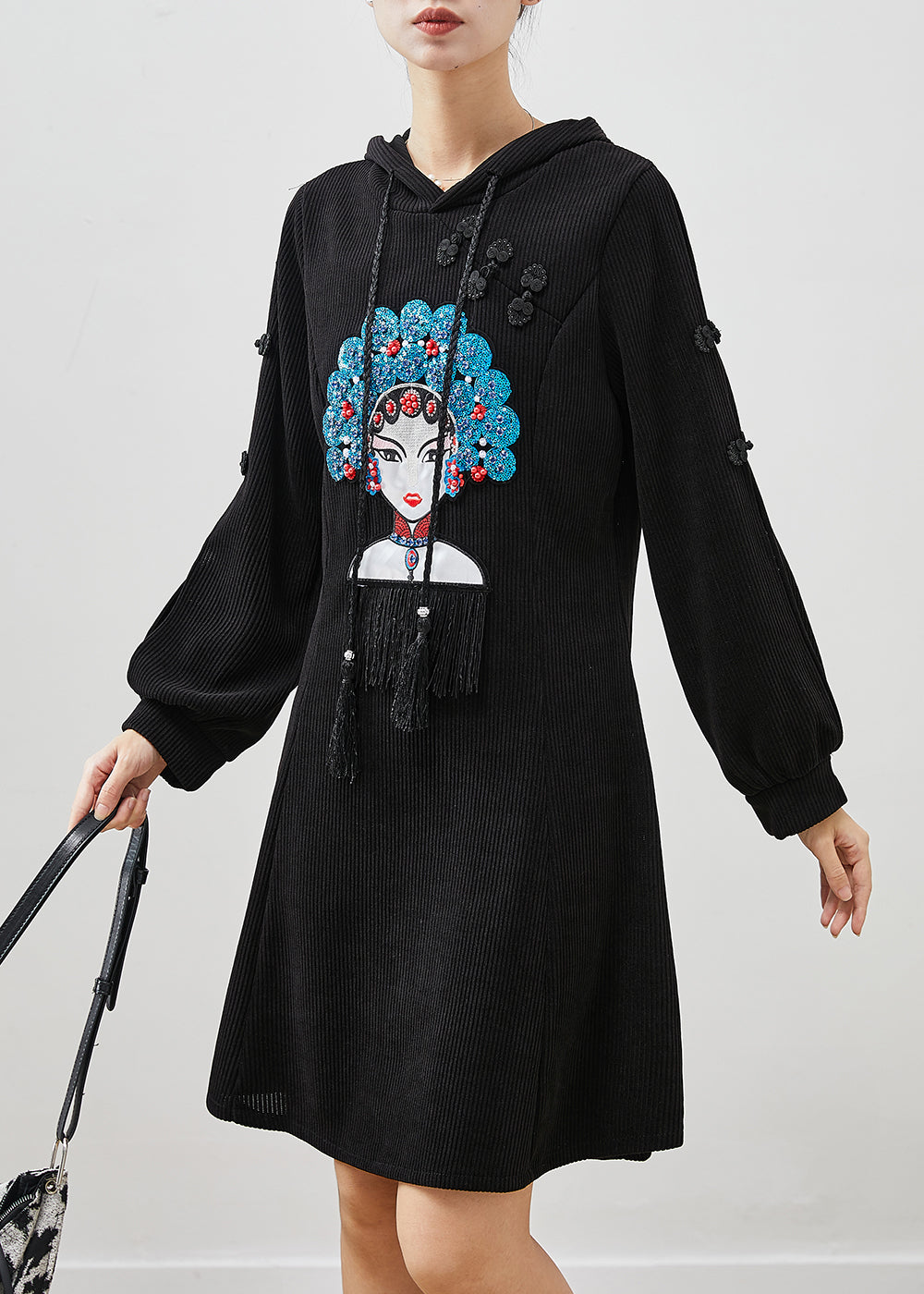 Chic Black Embroideried Chinese Button Corduroy Dress Spring