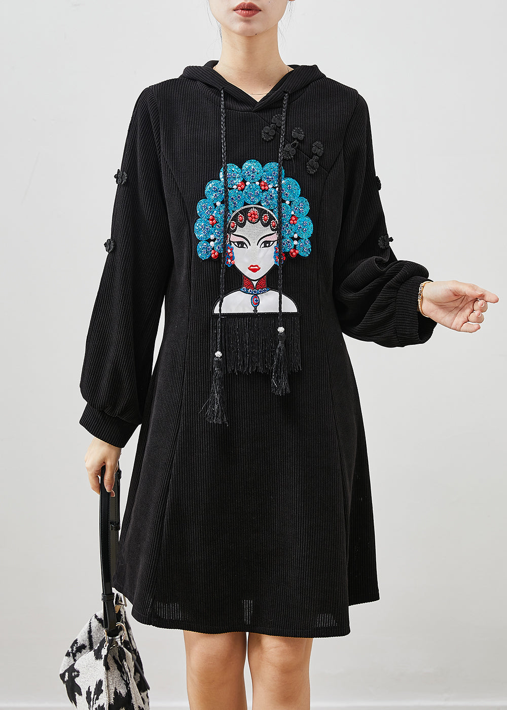 Chic Black Embroideried Chinese Button Corduroy Dress Spring
