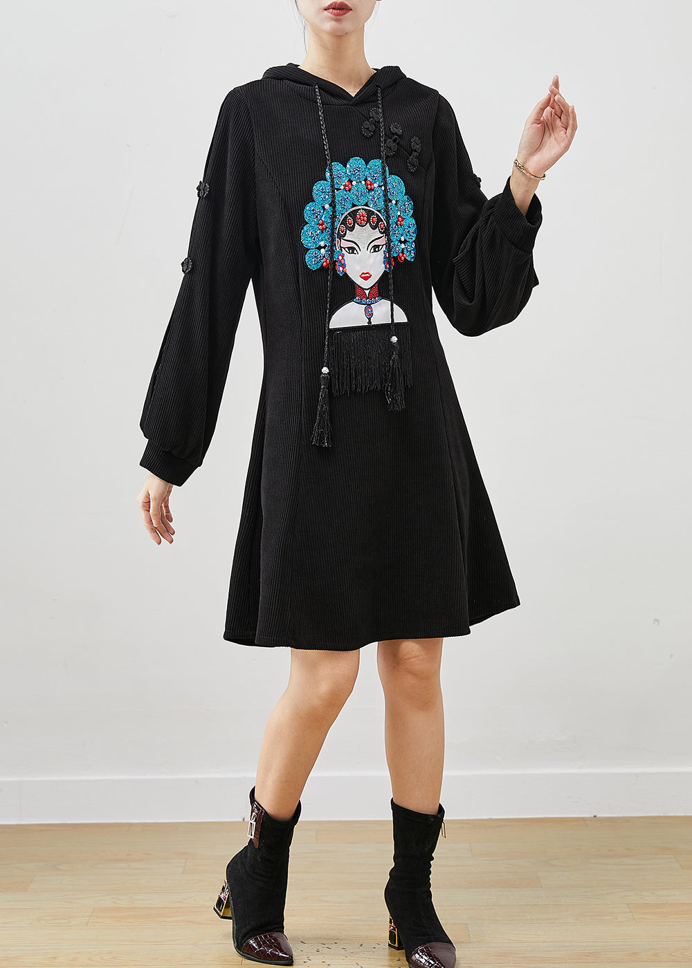 Chic Black Embroideried Chinese Button Corduroy Dress Spring