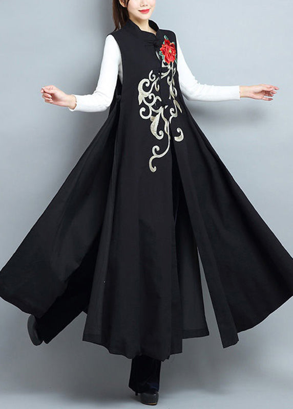 Chic Black Embroideried Side Open Patchwork Cotton Long Waistcoat Sleeveless