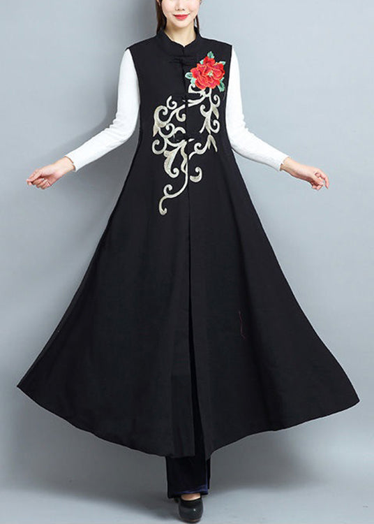 Chic Black Embroideried Side Open Patchwork Cotton Long Waistcoat Sleeveless