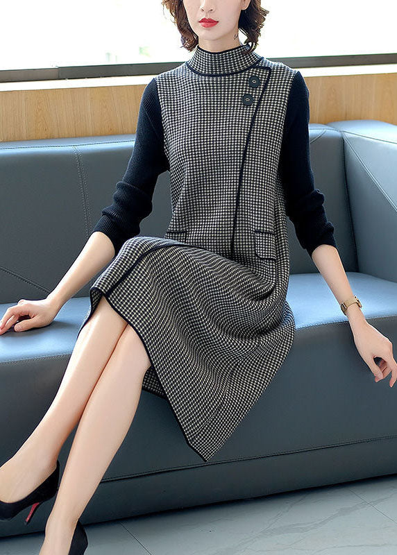 Chic Black High Neck Patchwork Plaid Knitted Dress Winter