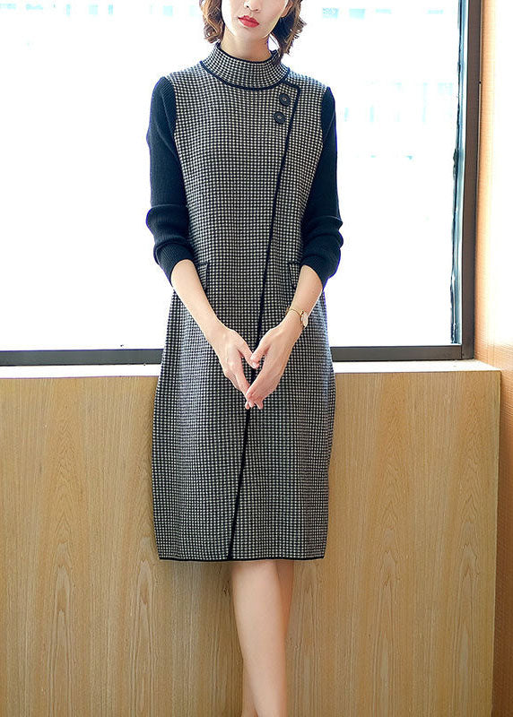 Chic Black High Neck Patchwork Plaid Knitted Dress Winter