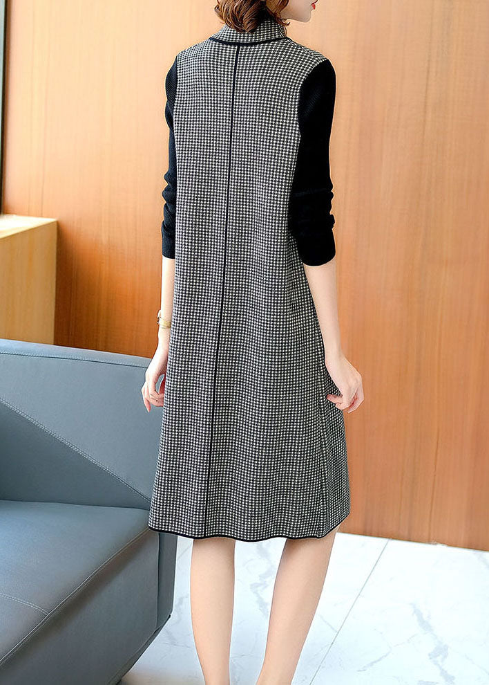 Chic Black High Neck Patchwork Plaid Knitted Dress Winter