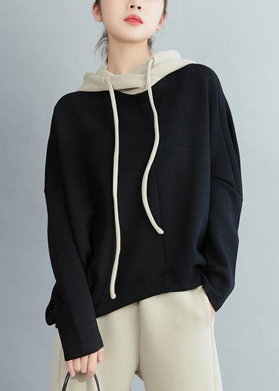 Chic Black Loose Hooded Patchwork Fall Drawstring Sweatshirts Top - Omychic