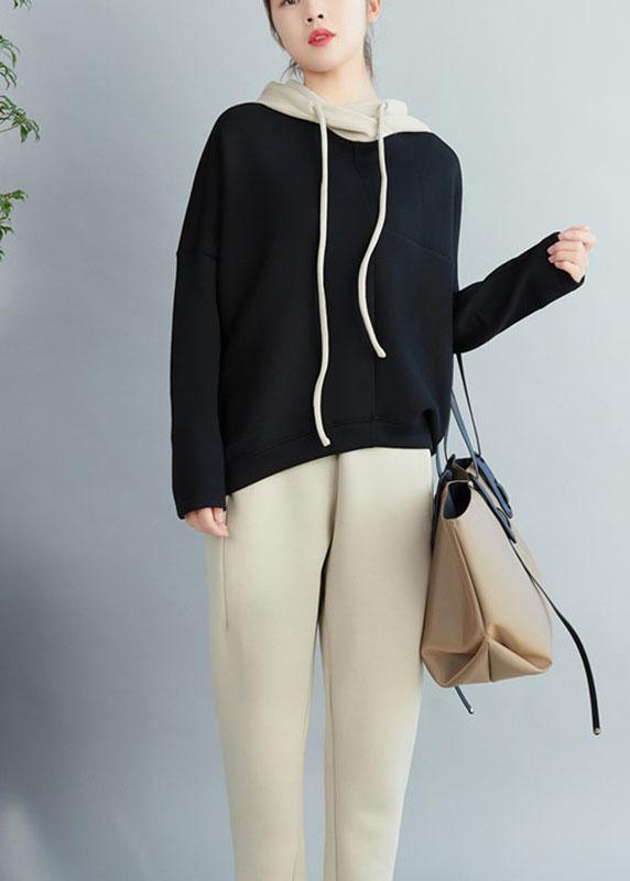 Chic Black Loose Hooded Patchwork Fall Drawstring Sweatshirts Top - Omychic