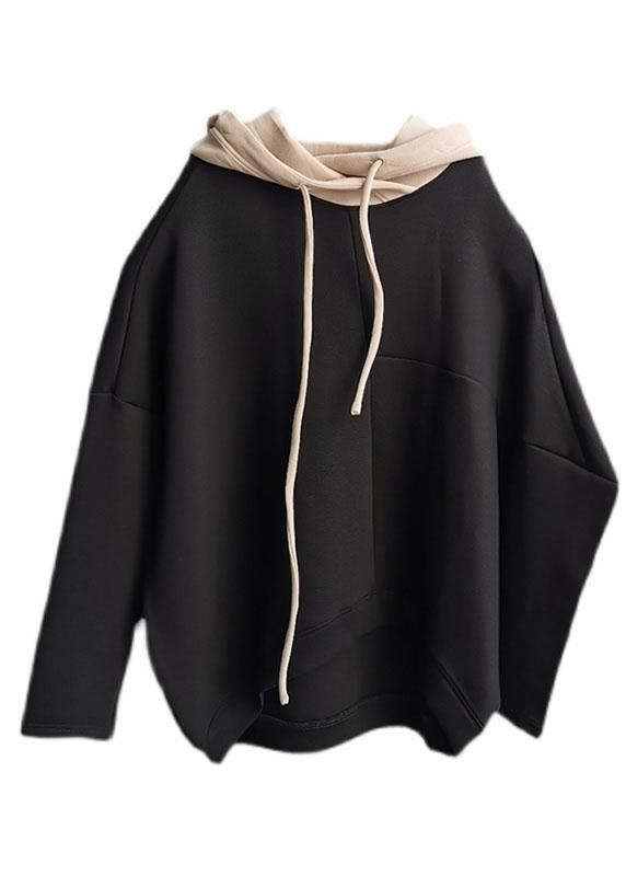 Chic Black Loose Hooded Patchwork Fall Drawstring Sweatshirts Top - Omychic