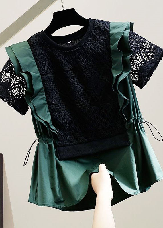 Chic Black O Neck Hollow Out Lace Patchwork Cotton Top Summer