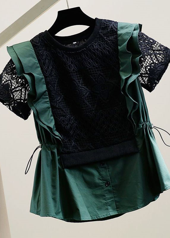 Chic Black O Neck Hollow Out Lace Patchwork Cotton Top Summer