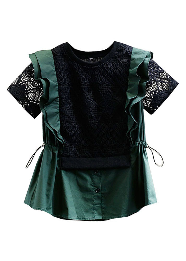 Chic Black O Neck Hollow Out Lace Patchwork Cotton Top Summer