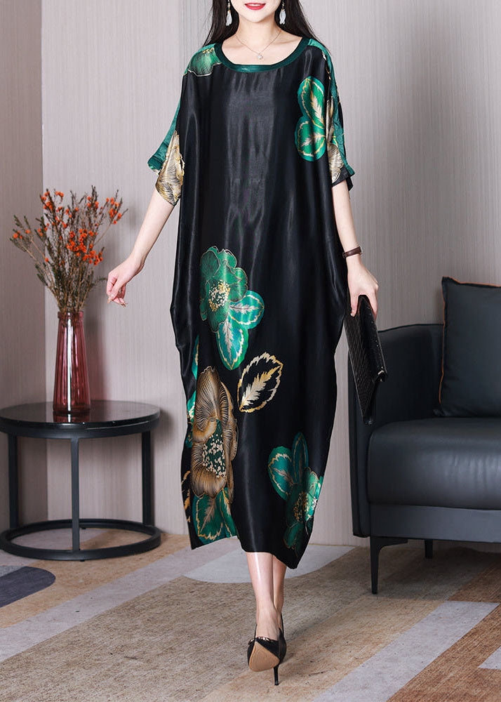 Chic Black O Neck Print Loose Silk Dresses Short Sleeve