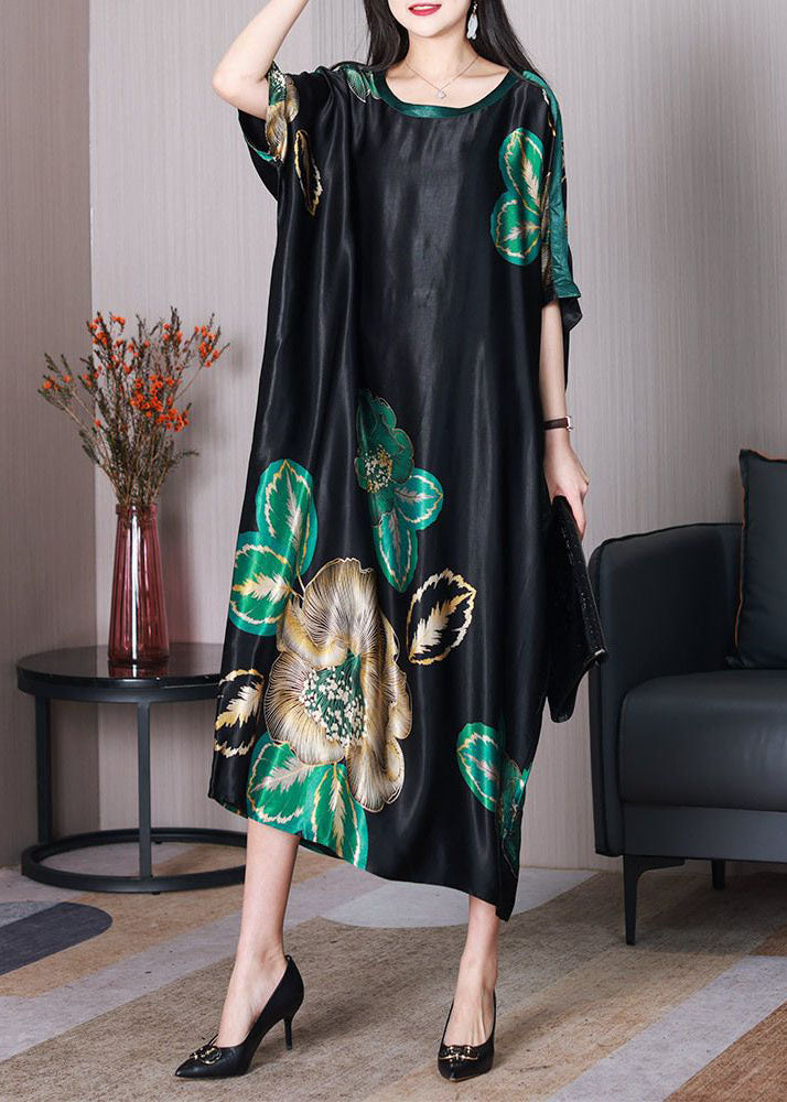 Chic Black O Neck Print Loose Silk Dresses Short Sleeve