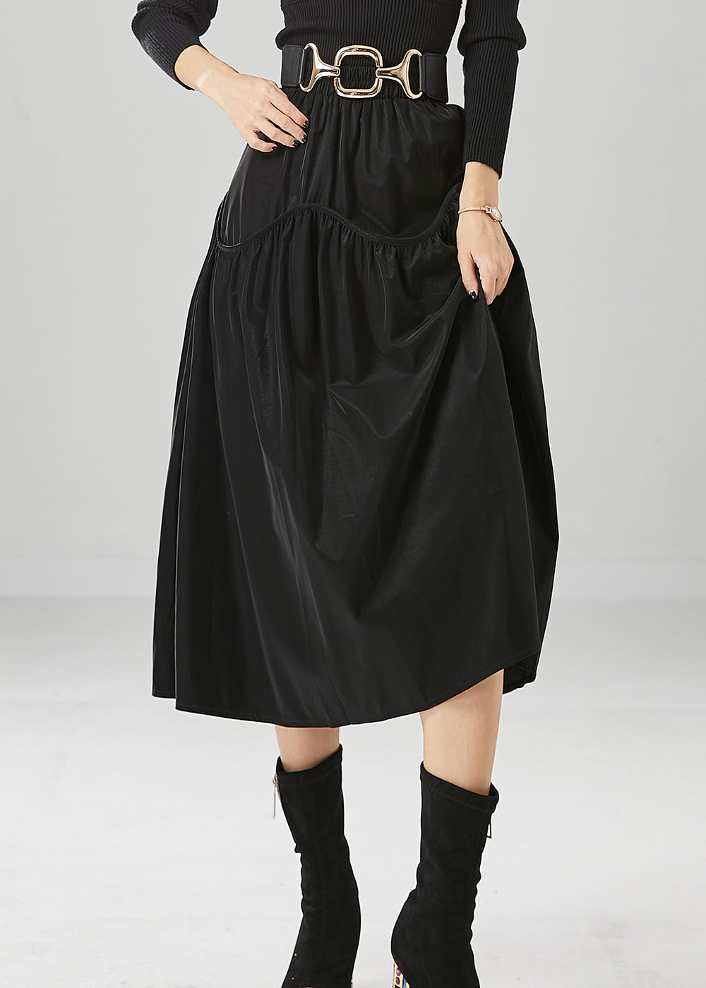 Chic Black Oversized Patchwork Cotton Skirts Fall
