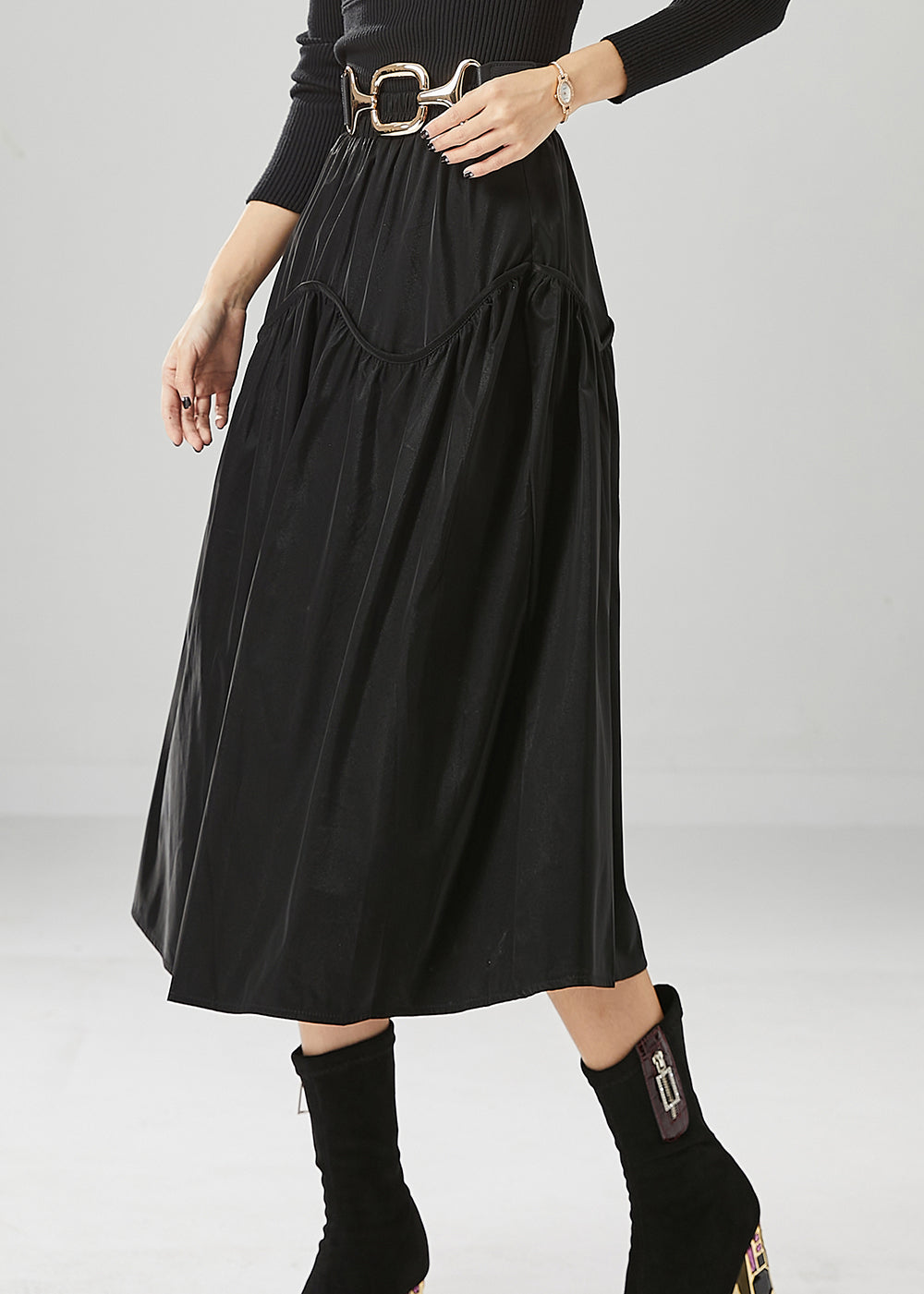 Chic Black Oversized Patchwork Cotton Skirts Fall