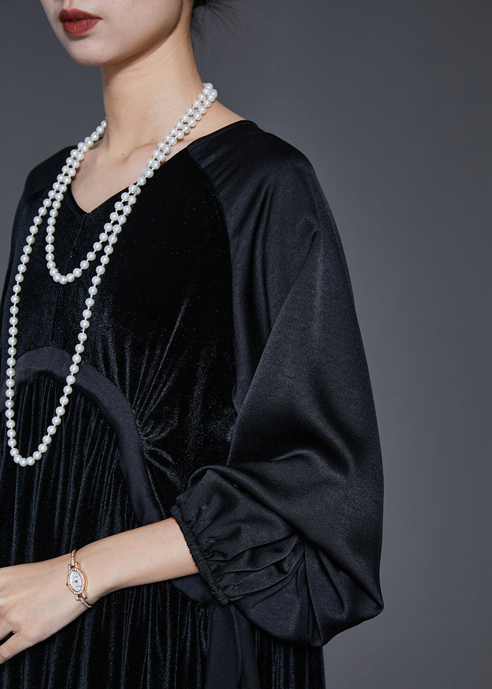 Chic Black Oversized Patchwork Drawstring Silk Velvet Dress Spring